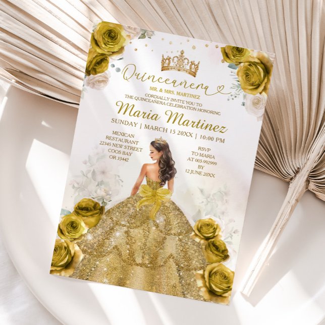 Invitación Elegante Flores de Oro Princesa Vestido Quinceañer (Subido por el creador)