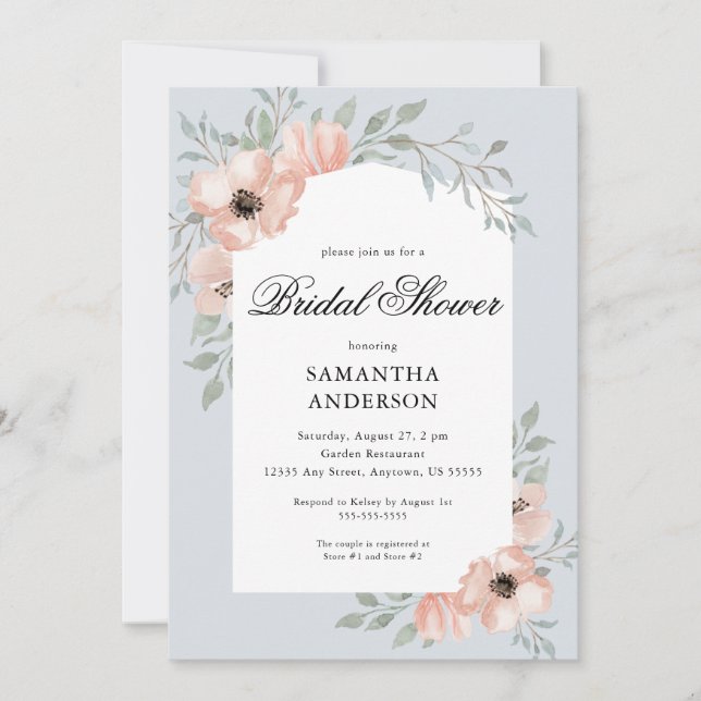 Invitación Elegante Flores De Peach Dusty Blue Bridal Shower (Anverso)