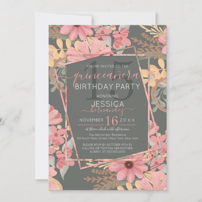Invitación Elegante Flores De Sabor Dorado Rosa Leaf Quinceañ (Anverso)