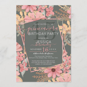 Invitación Elegante Flores De Sabor Dorado Rosa Leaf Quinceañ