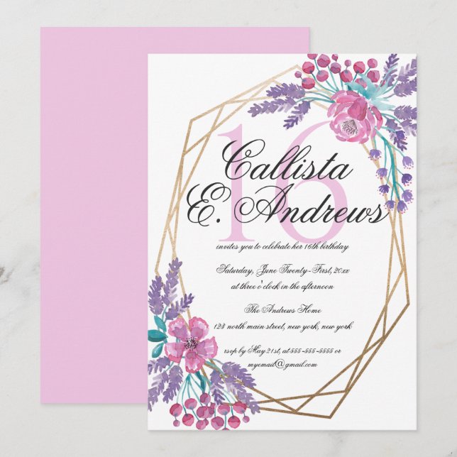 Invitación Elegante Flores Dorado Terrario Acuarela Dulce 16 (Anverso / Reverso)