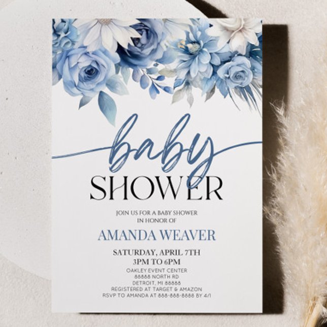 Invitación Elegante Flores Florales Azul Dusty Baby Shower (Subido por el creador)