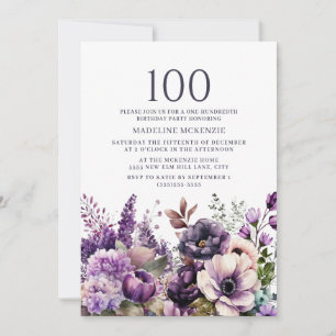Invitación Elegante Flores Púrpura 100 cumpleaños
