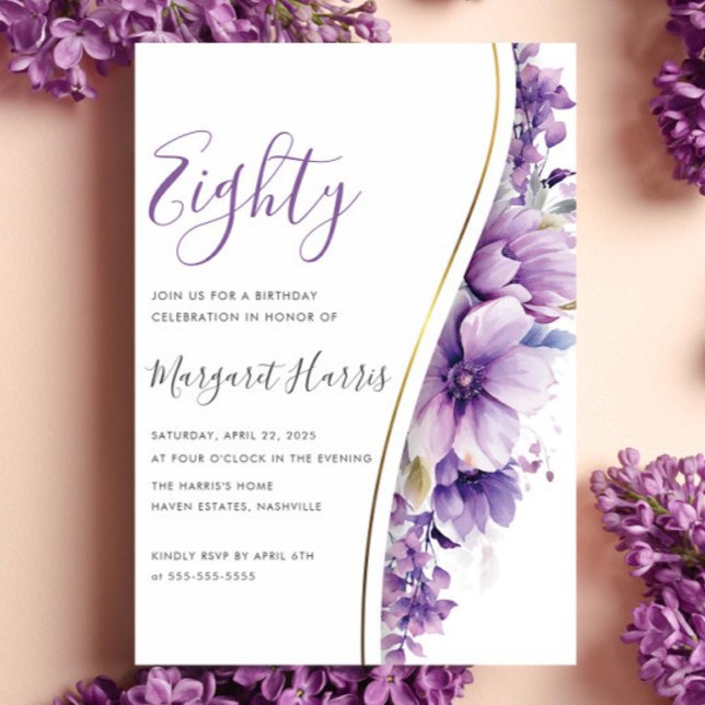 Invitación Elegante Flores Púrpura 80° Cumpleaños (Subido por el creador)