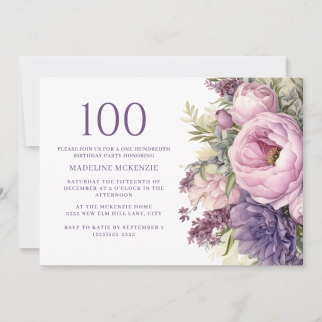 Invitación Elegante Flores Púrpura Rosa 100 cumpleaños (Anverso)