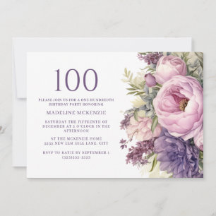 Invitación Elegante Flores Púrpura Rosa 100 cumpleaños