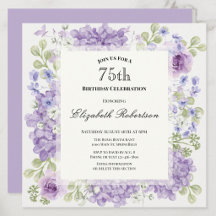 Invitación elegante flores púrpuras cumpleaños 75