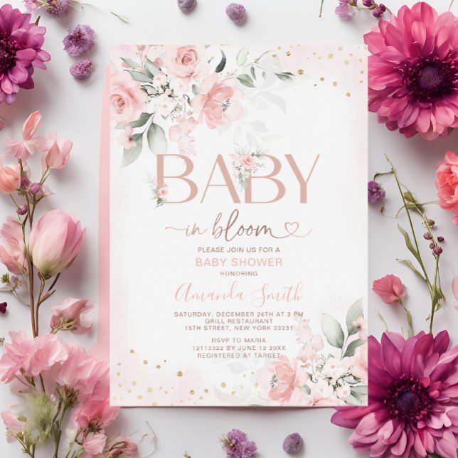 Invitación Elegante Flores Rosa Bebé En Baby Shower De Bloom (Subido por el creador)