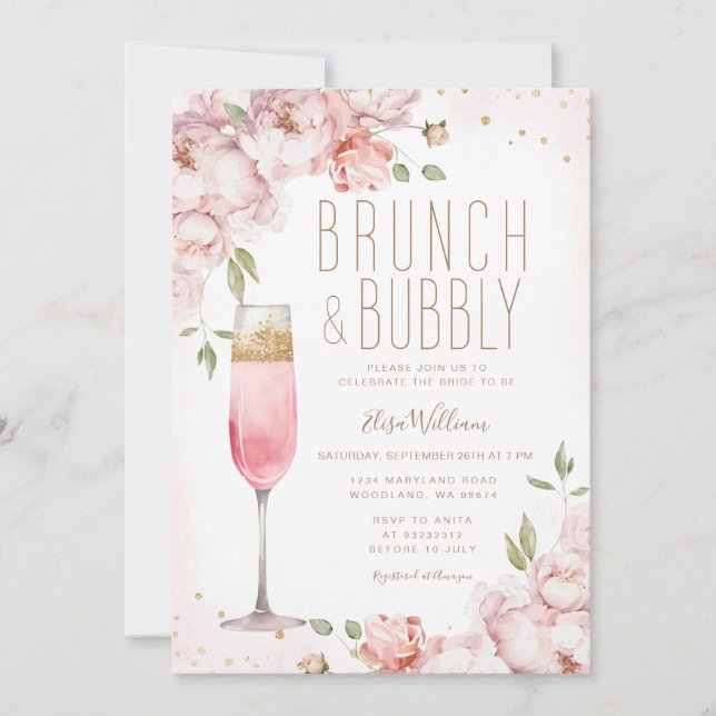 Invitación Elegante Flores Rosa Brunch & Bubbly Bridal Shower (Anverso)