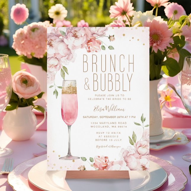 Invitación Elegante Flores Rosa Brunch & Bubbly Bridal Shower (Subido por el creador)