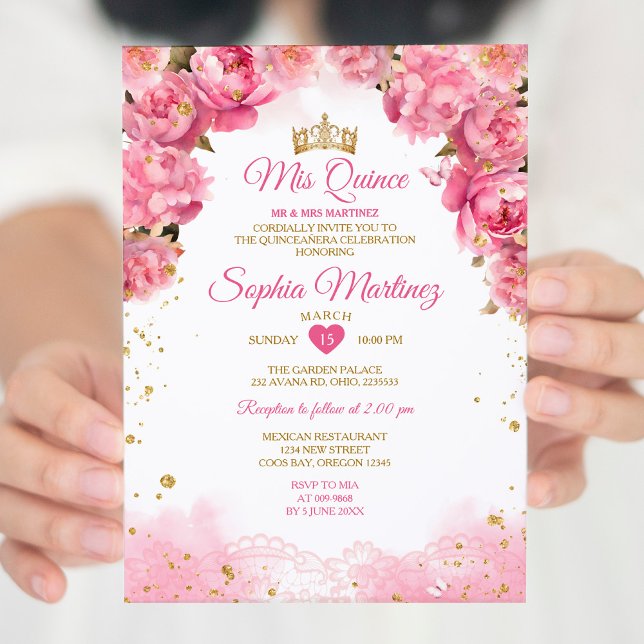 Invitación Elegante Flores Rosa Luminosas Chica Mis Quince (Subido por el creador)