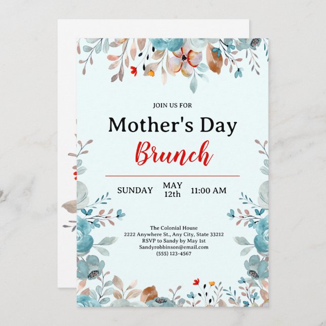Invitación Elegante Flores salvajes azules para el brunch del (Anverso / Reverso)