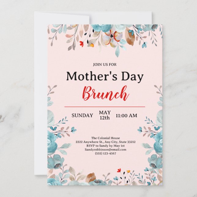 Invitación Elegante Flores salvajes azules rosadas Brunch del (Anverso)