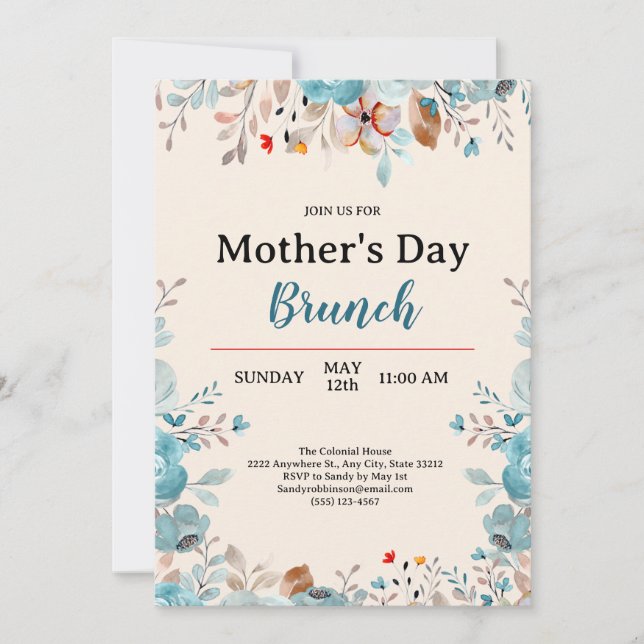 Invitación Elegante Flores salvajes azules Tan Brunch Día de  (Anverso)