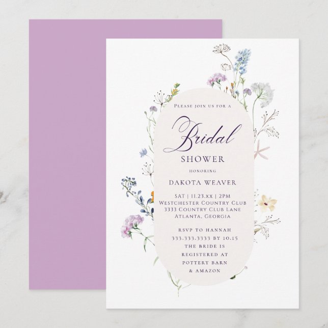 Invitación Elegante Flores Silvestres Caligrafía Ducha Bridal (Anverso / Reverso)