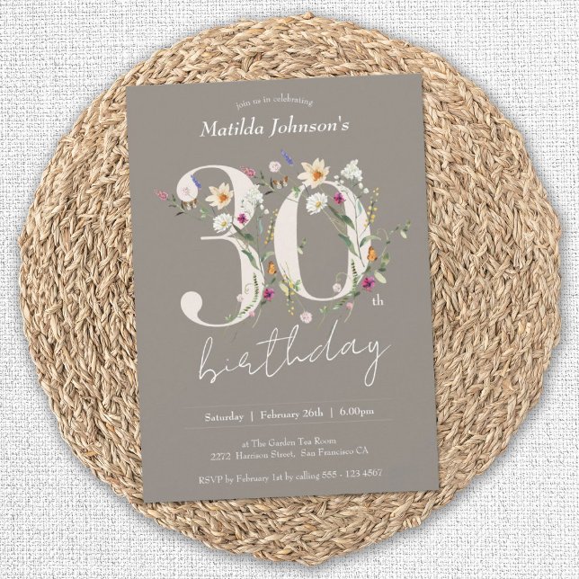 Invitación Elegante Flores Silvestres Florales 30.º Fiesta de (30th Birthday Wildflowers Elegant Floral Invitation)