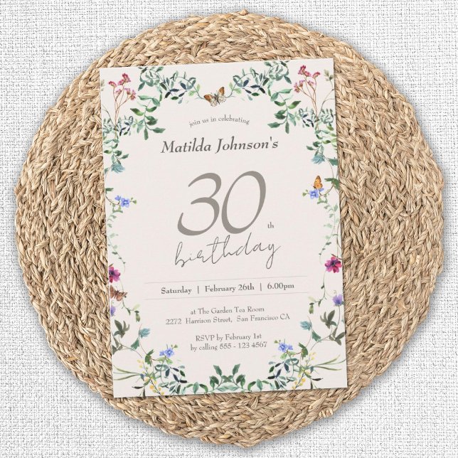 Invitación Elegante Flores Silvestres Florales 30.º Fiesta de (Elegant 30th Birthday Wildflowers Floral Invitation)