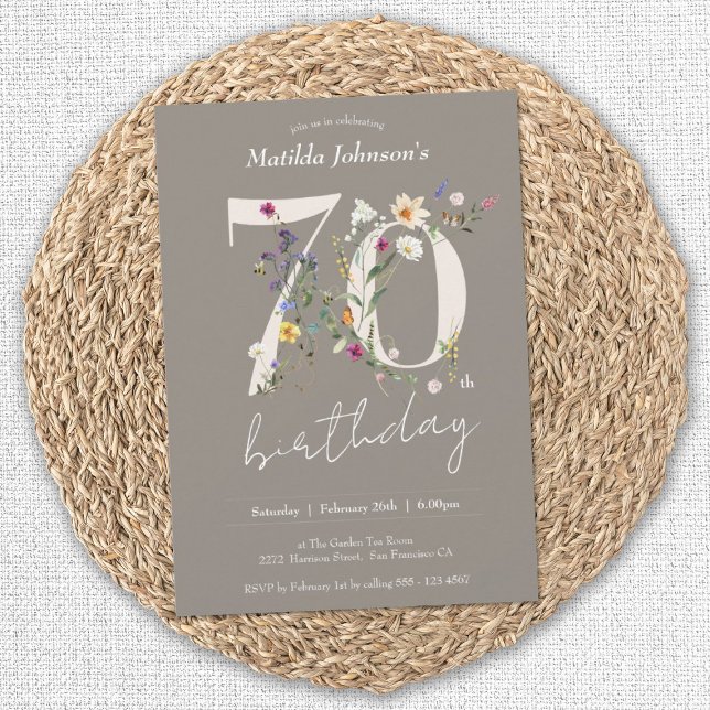 Invitación Elegante Flores Silvestres Florales 70ª fiesta de  (70th Birthday Wildflowers Elegant Floral Invitation)