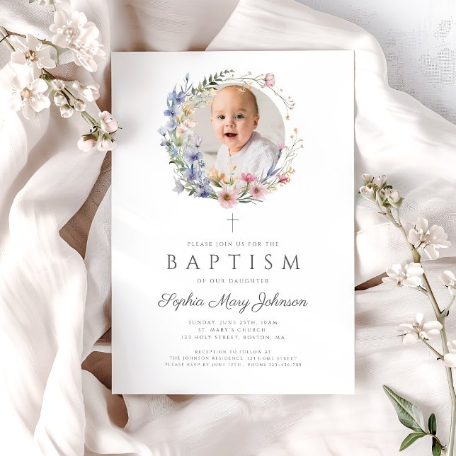 Invitación Elegante Flores Silvestres Florales Fotos Bautismo (Elegant Floral Wildflowers Photo Baptism Invitation)