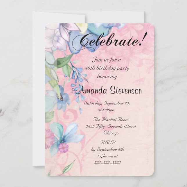 Invitación Elegante flores silvestres rosadas y azules cumple (Anverso)