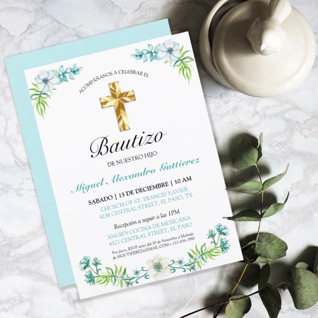 Invitación Elegante Flores y Cruz Para Niño Bautizo (Subido por el creador)