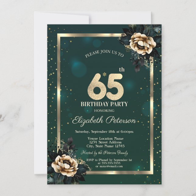 Invitación Elegante Flower Gold Frame Stars Green 65th (Anverso)