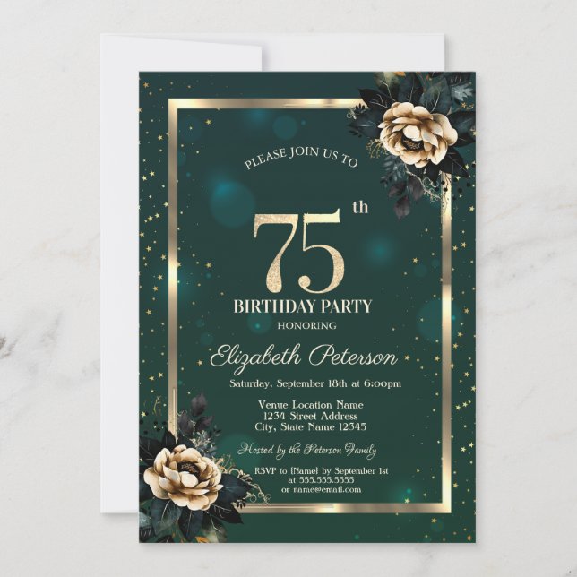 Invitación Elegante Flower Gold Frame Stars Green 75 (Anverso)