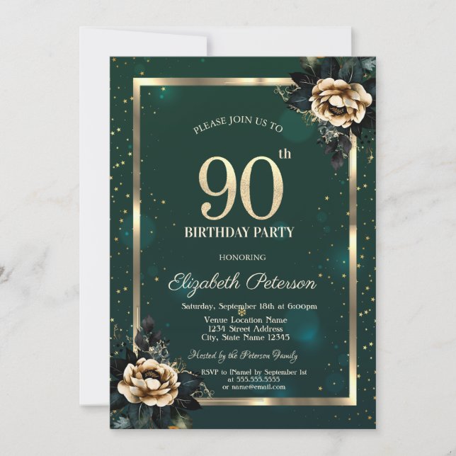Invitación Elegante Flower Gold Frame Stars Green 90 (Anverso)