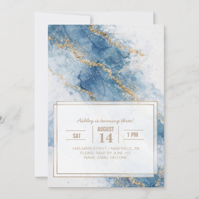 Invitación Elegante flujo abstracto de brillo azul dorado (Anverso)