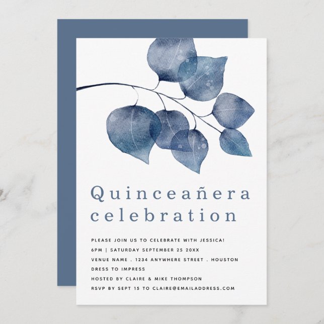 Invitación Elegante Foliage azul Quinceanera (Anverso / Reverso)