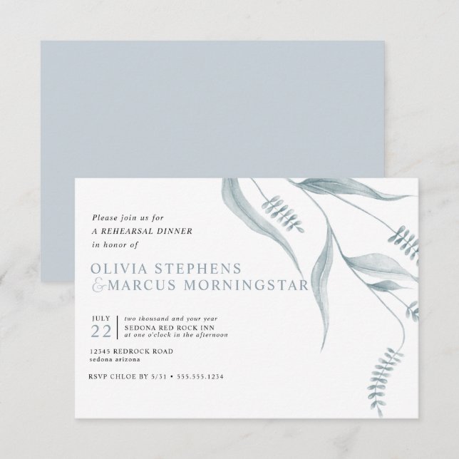 Invitación Elegante Foliage azul turbio moderno (Anverso / Reverso)