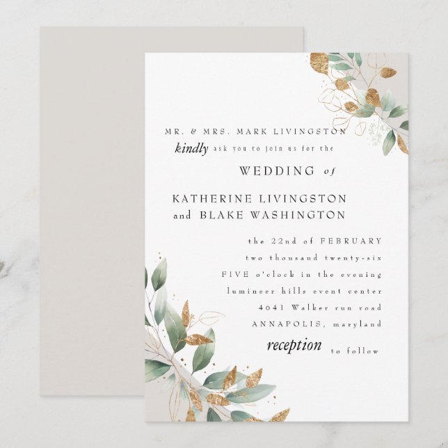 Invitación Elegante Foliage Cream Bride Parents Boda Matte (Anverso / Reverso)