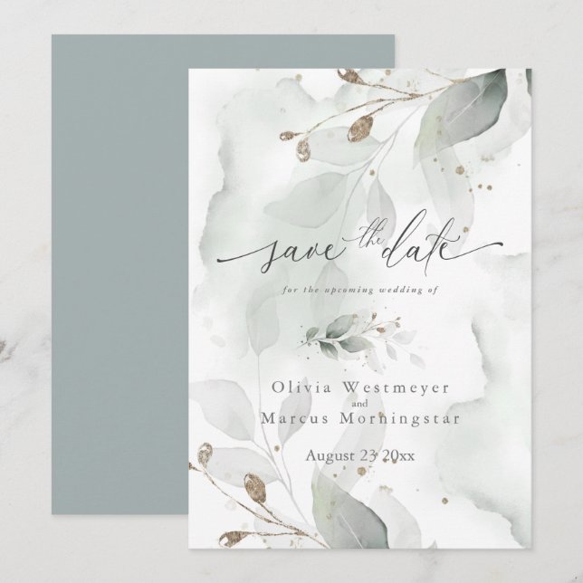 Invitación Elegante Foliage de acuarela Guardar Invitati de f (Anverso / Reverso)