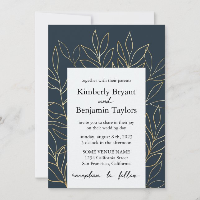 Invitación Elegante Foliage de oro. Boda Dusty Blue Luxury (Anverso)