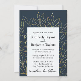Invitación Elegante Foliage de oro. Boda Dusty Blue Luxury