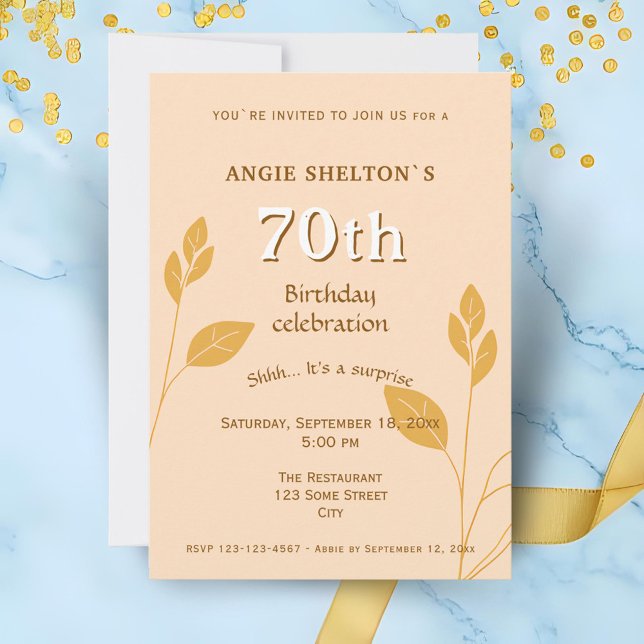 Invitación Elegante Foliage de Oro Botánico 70 cumpleaños (Subido por el creador)