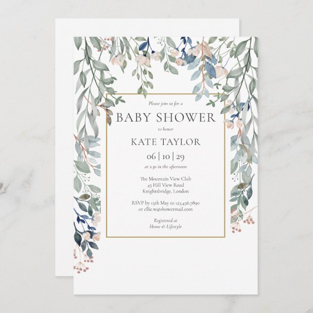 Invitación Elegante Foliage Floral Baby Shower (Anverso / Reverso)