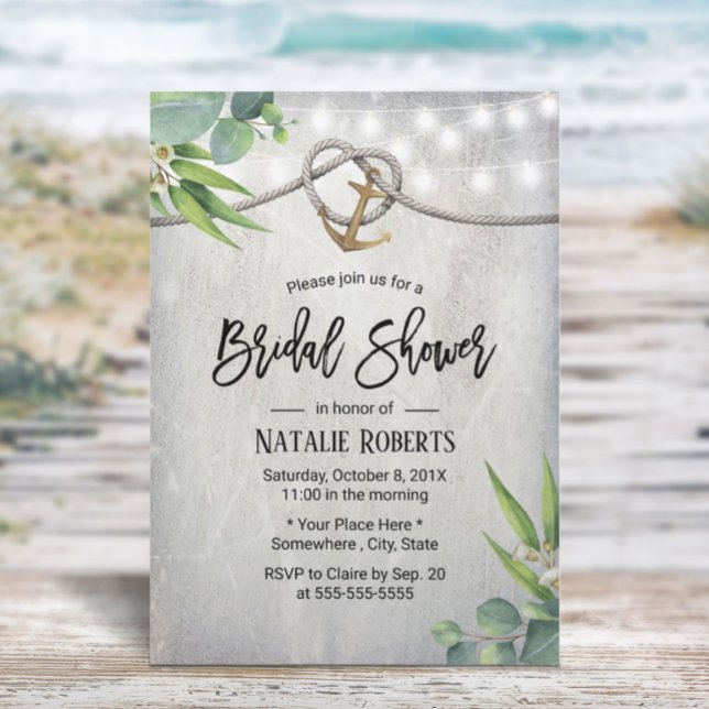 Invitación Elegante Foliage Gold Anchor & Rope Bridal Shower (Subido por el creador)