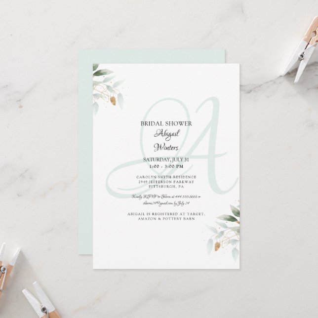 Invitación Elegante Foliage & Gold Sea Glass Bridal Shower In (Anverso/Reverso In Situ)