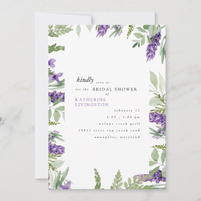 Invitación Elegante Foliage & Lavender Bridal Shower Invitati (Anverso)