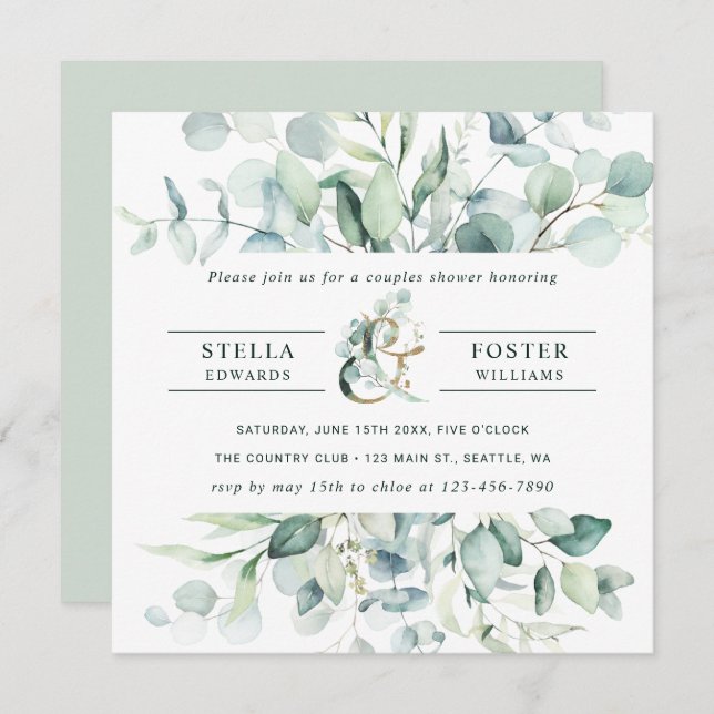 Invitación Elegante Foliage Verde Ampersand Couples Ducha (Anverso / Reverso)