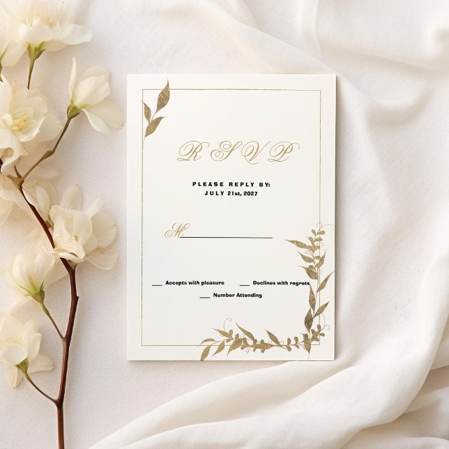 Invitación Elegante follaje blanco y dorado RSVP (Elegant white and gold foliage RSVP )