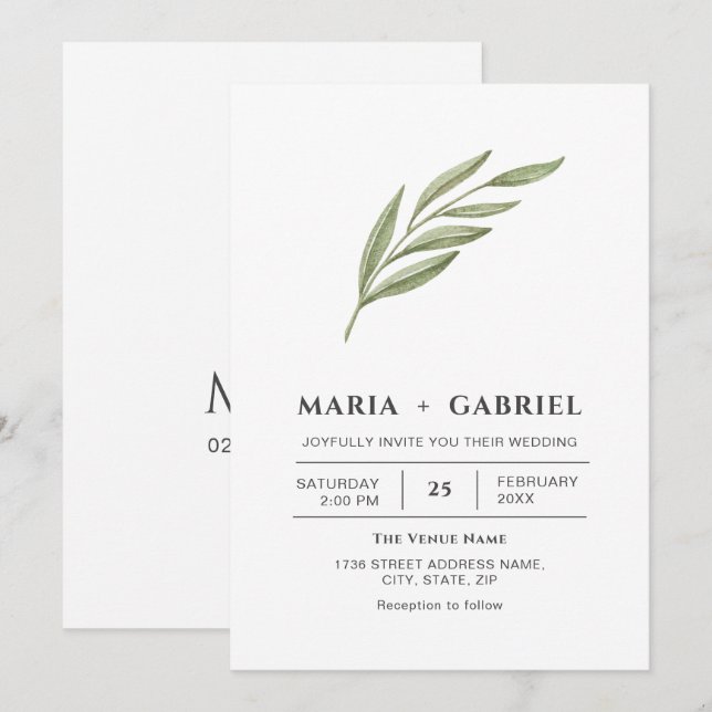 Invitación Elegante follaje. Boda moderno y sencillo (Anverso / Reverso)