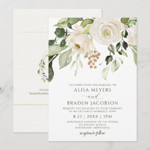 Invitación Elegante follaje de boda verde dorado blanco flora