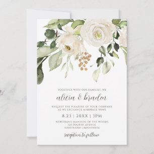 Invitación Elegante follaje de boda verde dorado blanco flora