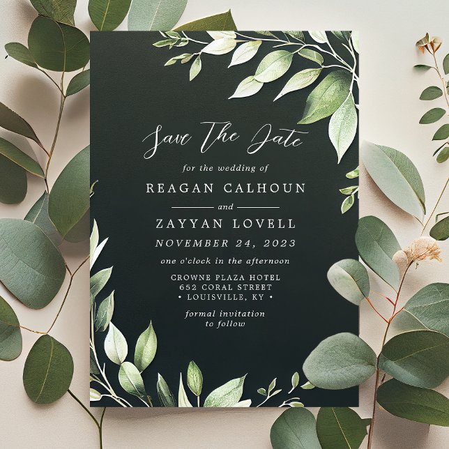 Invitación Elegante follaje verde oscuro salvar la fecha (Subido por el creador)
