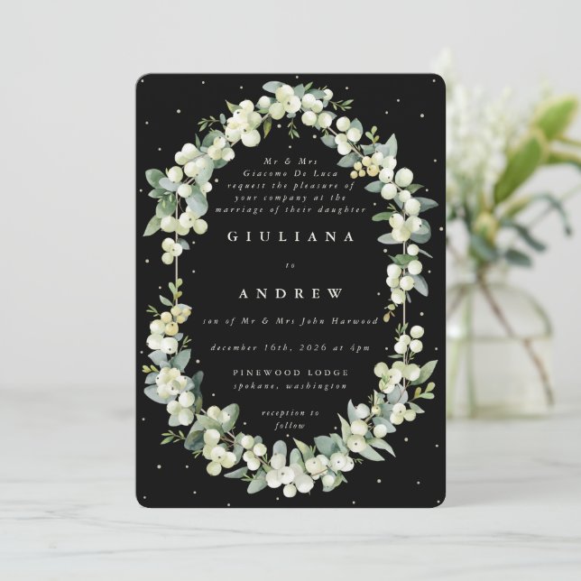Invitación Elegante formal Boda de nieve negra + eucalipto (Anverso de pie)