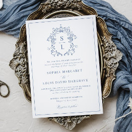 Invitación Elegante Formal Crest Monograma Barroco Azul Boda
