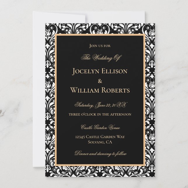 Invitación Elegante Formal Oro Negro Blanco Damasco Boda (Anverso)