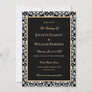 Invitación Elegante Formal Oro Negro Blanco Damasco Boda